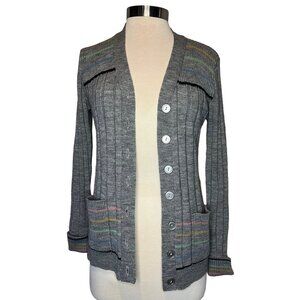 Kenny Classics VTG Women Cardigan Size 14 Long Sleeve Button Grey stripes pocket